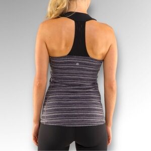 Lululemon Tank Top Scoop Neck Black Gray Stripes Galore Yoga Shelf Bra